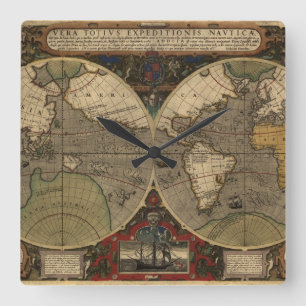 Horloge Carrée 1595 cartes vintages du monde par Jodocus Hondius