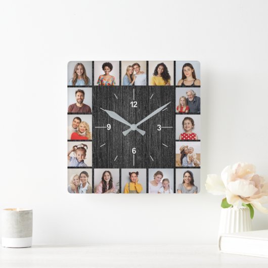 Horloge Carrée 16 Collage Photo Clôture en Bois Faux Noir Clair (Maison)