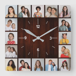 Horloge Carrée 16 Collage Photo Clôture en Bois Faux Rouge