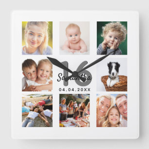 Horloge Carrée 16e anniversaire personnalisé photo collage fille 