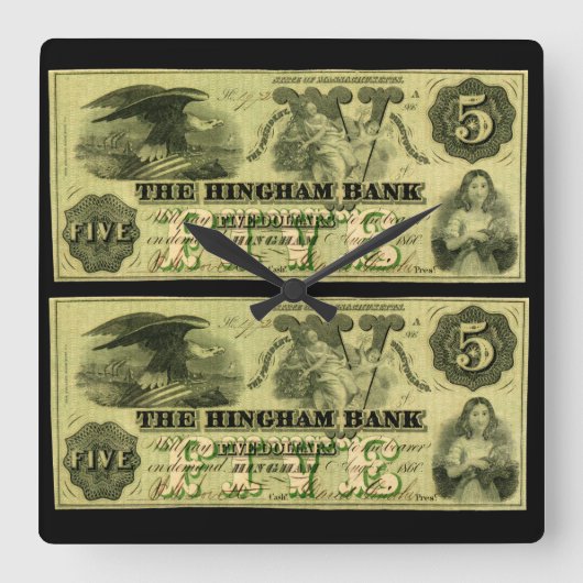 Horloge Carrée 1860 Hingham Massachusetts Note à cinq dollars (Recto)
