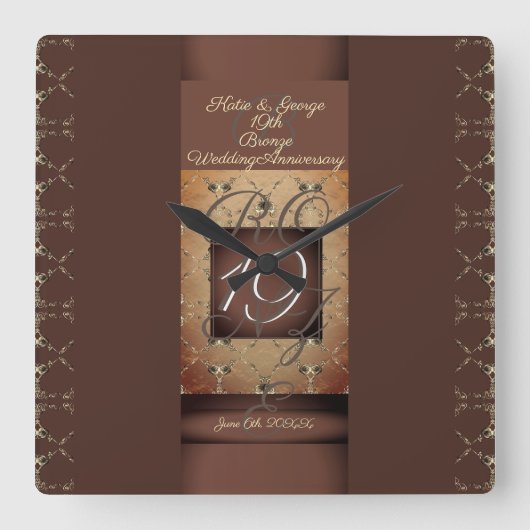 Horloge Carrée 19e anniversaire Mariage couleur bronze foncé (Recto)