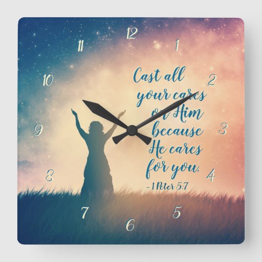 Horloge Carrée 1 Peter 5:7 Cast all your cares on Him, Scripture (Recto)
