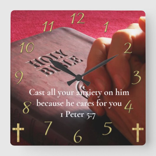 Horloge Carrée 1 Pierre 5:7 Bible sainte avec les mains (Recto)