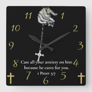Horloge Carrée 1 Pierre 5:7 croix de retenue à la main