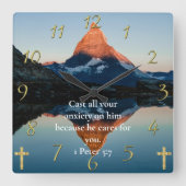 Horloge Carrée 1 Pierre 5:7 Foi chrétienne vue sur le lac (Recto)