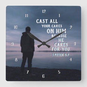 Horloge Carrée 1 Pierre 5:7 Posez toutes vos soucis sur Lui Bible