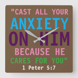 Horloge Carrée 1 Pierre 5:7 Verset de la Bible colorée Imprimer c
