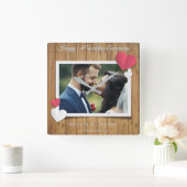Horloge Carrée 1er anniversaire Mariage - Bois rustique & Coeurs (Maison)