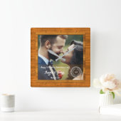 Horloge Carrée 1er anniversaire Mariage Photo Bois Texture Horlog (Maison)