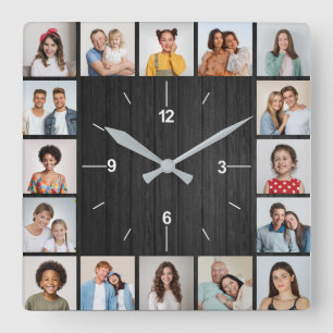 Horloge Carrée 20 Collage Photo Clôture en Bois Faux Noir Foncé