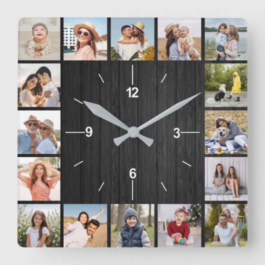 Horloge Carrée 20 Collage Photo Clôture en Bois Noir Faux Foncé (Recto)