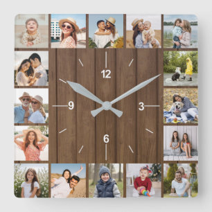 Horloge Carrée 20 Photo Collage Faux Brown clôture en bois