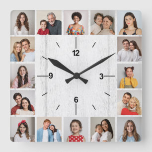 Horloge Carrée 20 Photo Collage Faux Clair clôture en bois blanc