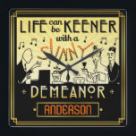 Horloge Carrée 20 s Retro Art Deco Sunny Demeanor Custom<br><div class="desc">This Roaring-Twenties-Inspirred design is made in the Art Deco. The two men and one woman in the design originally appeared in a real 1920 s candlestick advertisement in a newspaper. Here, they are remade into musicians and party-goers. Les hommes sur les left plays the piano and the woman casually taps...</div>