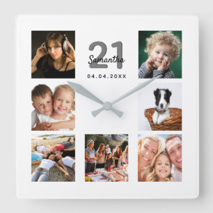 Horloge Carrée 21e anniversaire personnalisé photo collage amis
