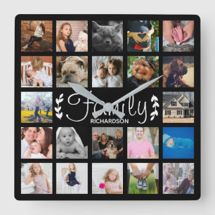 Horloge Carrée 22 Family Photo Collage & Nom