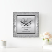 Horloge Carrée 25e anniversaire du Mariage Glitzy Silver & Black (Maison)