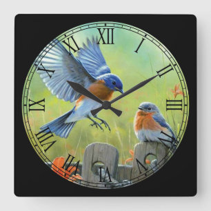 Horloge Carrée 2 Beaux Oiseaux Jouer Art Fine Numéros Romains