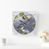 Horloge Carrée 2 mignons petits oiseaux dans un arbre (Maison)