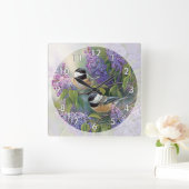 Horloge Carrée 2 mignons petits oiseaux dans un arbre (Maison)