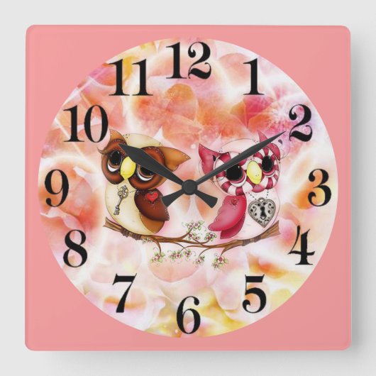 Horloge Carrée 2 owls en love (Recto)