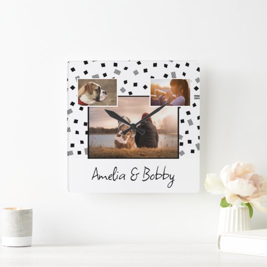 Horloge Carrée 3 Photo Collage moderne Noir blanc Noël (Maison)