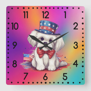 Horloge Carrée 4 juillet Chien blanc mignon Chien-43568