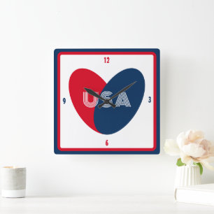 Horloge Carrée 4 juillet Love USA Patriotique rouge bleu