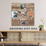 Horloge Carrée 4 Photo Rustic Barn Wood Love You Nana Grandkids<br><div class="desc">Horloge murale rustique en bois ferme - Horloges murales de style agricole pour l'ajout parfait pour donner à votre cuisine un look champêtre.L'horloge en bois de grange est personnalisée avec 4 photos et message d'amour pour les noms grand-mère et petits-enfants.</div>
