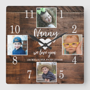 Horloge Carrée 4 Photo Rustic Brown Wood Love You Nanny Grandkids