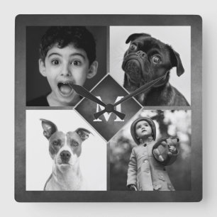 Horloge Carrée 4 Photos de famille en collage Monogramme sur tabl