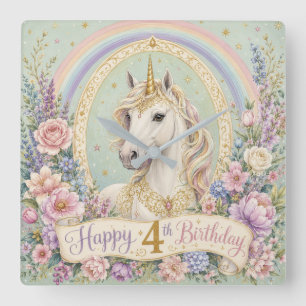Horloge Carrée 4e anniversaire Licorne élégante Arc-en-ciel