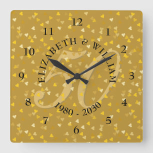 Horloge Carrée 50e anniversaire de Mariage Gold Hearts Confetti