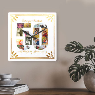 Horloge Carrée 50e anniversaire de mariage Photo Art Déco en Or