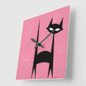 Horloge Carrée 50's Retro Black Cat Pink Pop Art Clock (Angle)