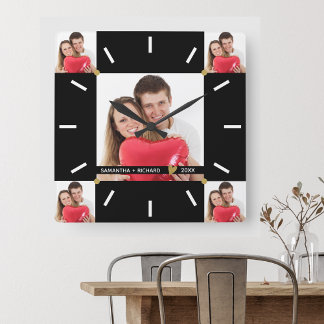 Horloge Carrée 5 Photo Collage Mariage Anniversaire Noir Blanc