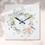 Horloge Carrée 60e / 75e anniversaire de Mariage Roses Garland<br><div class="desc">Doté d'une délicate guirlande florale d'aquarelle,  cette horloge botanique chic 60ème ou 75ème anniversaire mariage peut être personnalisée avec vos informations spéciales diamant ou platine anniversaire dans élégant texte bleu diamant. Conçu par Thisisnotme©</div>