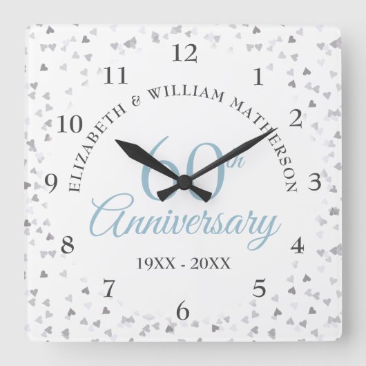 Horloge Carrée 60e Anniversaire Amour Coeurs Confetti (Recto)