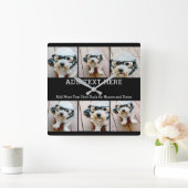 Horloge Carrée 6 Collage photo 2 lignes de texte — CAN Edit Black (Maison)