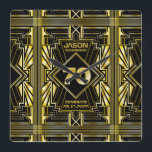Horloge Carrée 70e jour de Birthday Art Deco Gold Black Great Gat<br><div class="desc">Celebrate your milestone birthday in style with thih unique Art Deco-style,  Great Gatsby-inspecred design featuring geometric shapes en bright gold over background. Dans une classe élégante,  classy,  neutre,  parfaite pour la commemorating that special birthday with the jazz-infused taste of the Roaring Twenties.</div>