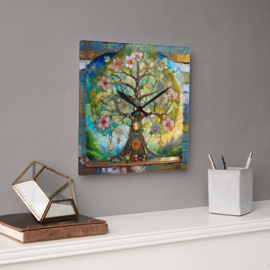 Horloge Carrée 7 Chakra Fleurissant Arbre De Vie (Bureau)