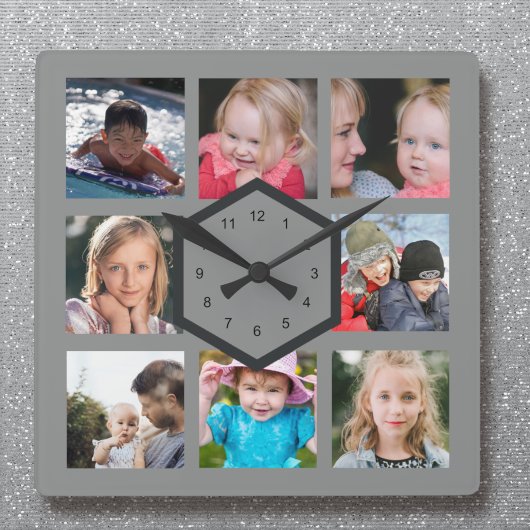 Horloge Carrée 8 Photo Collage Gray Square Wall Clock