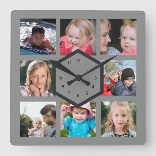 Horloge Carrée 8 Photo Collage Gray Square Wall Clock (Recto)
