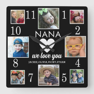 Horloge Carrée 8 Photo Collage Love You Nana Grandkids Black