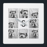 Horloge Carrée 8 Photo Collage personnalisé Monogramme noir et bl<br><div class="desc">Vous pouvez utiliser des photos Instagram pour cette conception. Utilisez 8 photos carrés pour créer un cadeau unique et personnel. Ou vous pouvez garder le chiot hipster et faire un gardien branché. Si vous avez besoin d'ajuster les images,  cliquez sur l'outil personnaliser pour apporter des modifications.</div>