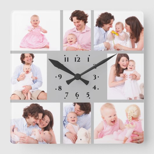 Horloge Carrée 8 Sections Family Photo in Gray Frame (Recto)