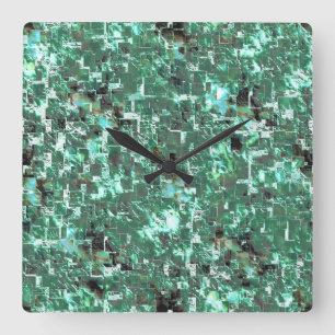 Horloge Carrée à damiers mosaïque forestière en vert menthe, rugo