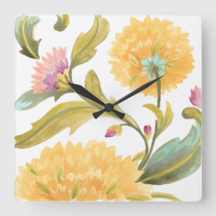 Horloge Carrée Abbaye Carreaux floraux - Fleurs Jaunes