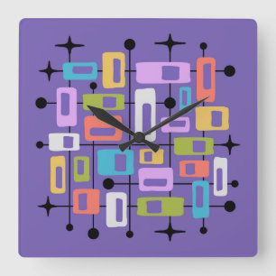 Horloge Carrée Abstrait Atomique Moderne Rétro Coloré de Milieu d